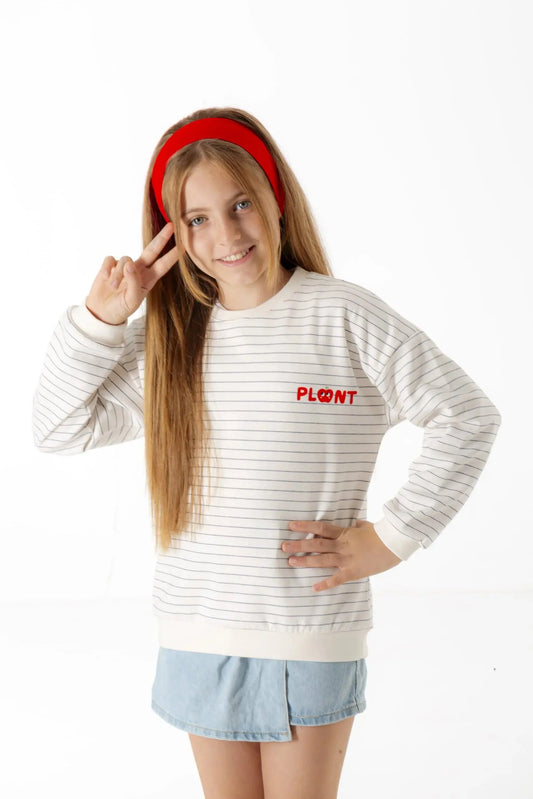Apple Baskılı Çizgili Sweatshirt